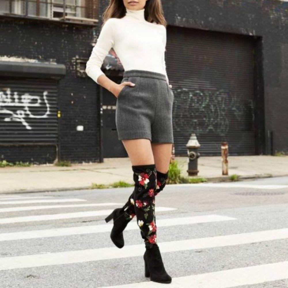 Black Floral Embroidered Suede OTK Boots